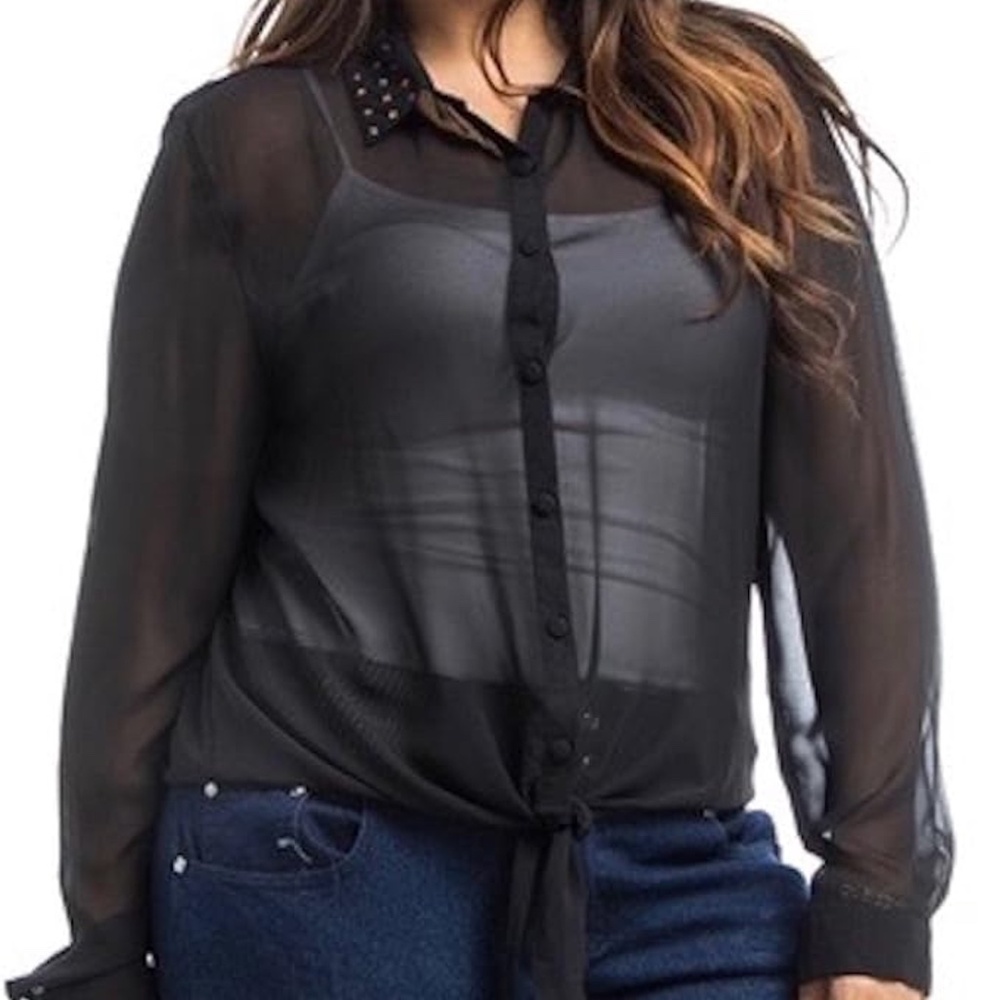 Plus Size Crystal Accent Semi Sheer Button Blouse